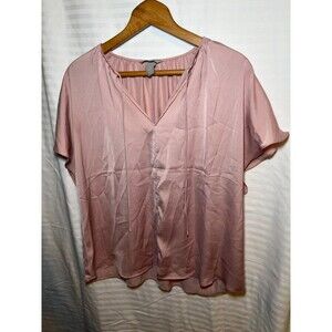 H&M Womens Satin Blouse Medium Pink Short Sleeve V Neck Tie Front Flowy